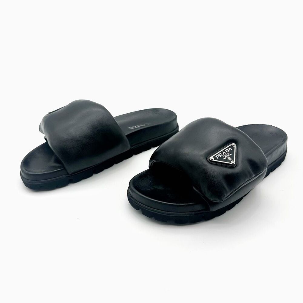 PRADA Soft Slider Sandals Padded Nappa Leather Size 39 Enamel Triangle Logo